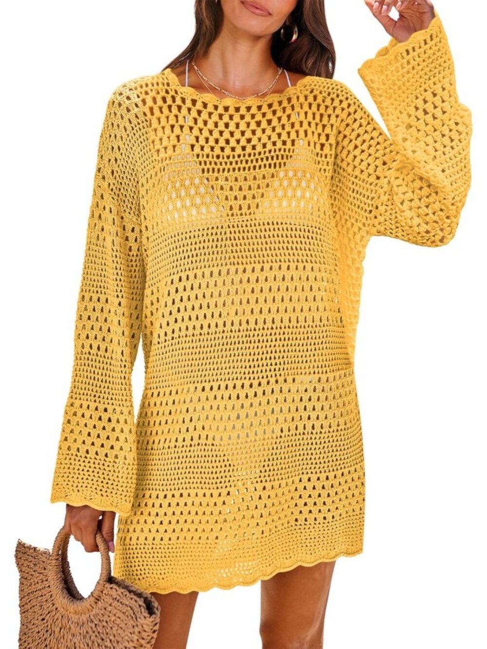 〽️Women's Swimsuit Cover Up Yellow Summer Pull On Mesh Knit Crochet Crochet